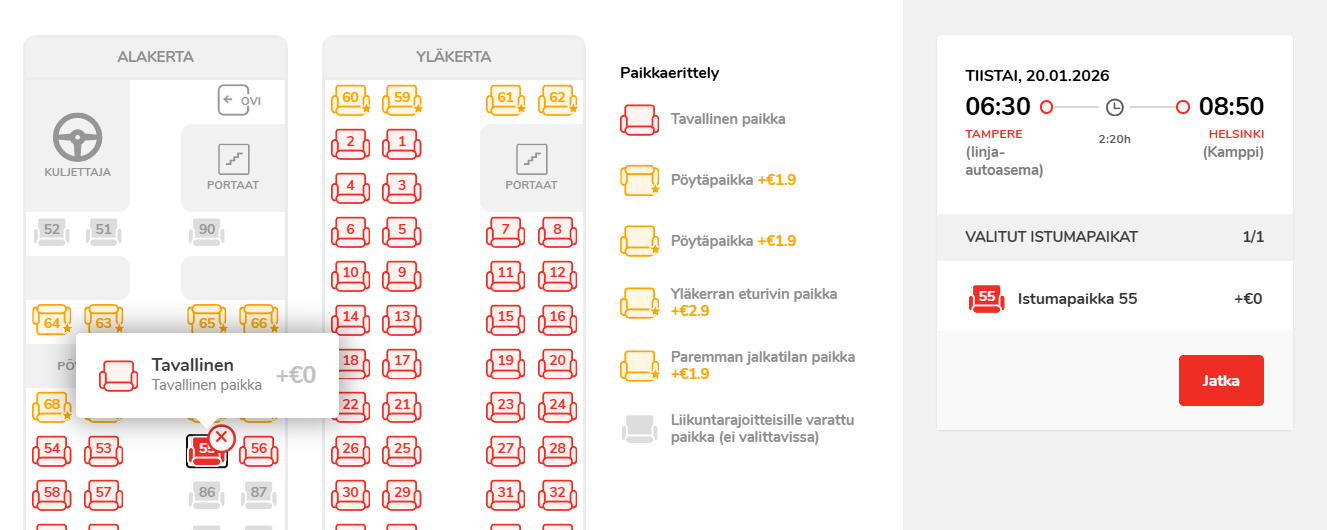 Valitse istumapaikka mobiilissa