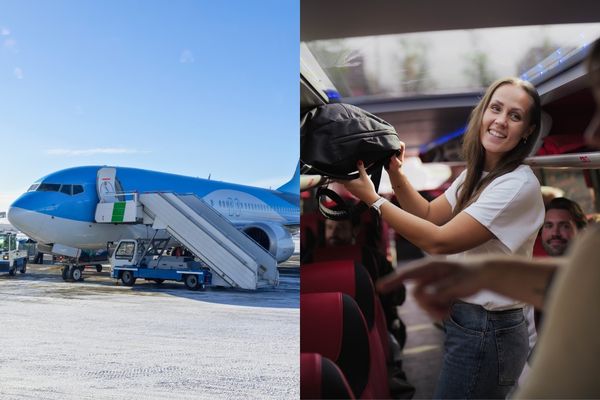 Kittilän lentoasema ja matkustaja asettamassa reppua OnniBus-bussin hattuhyllylle