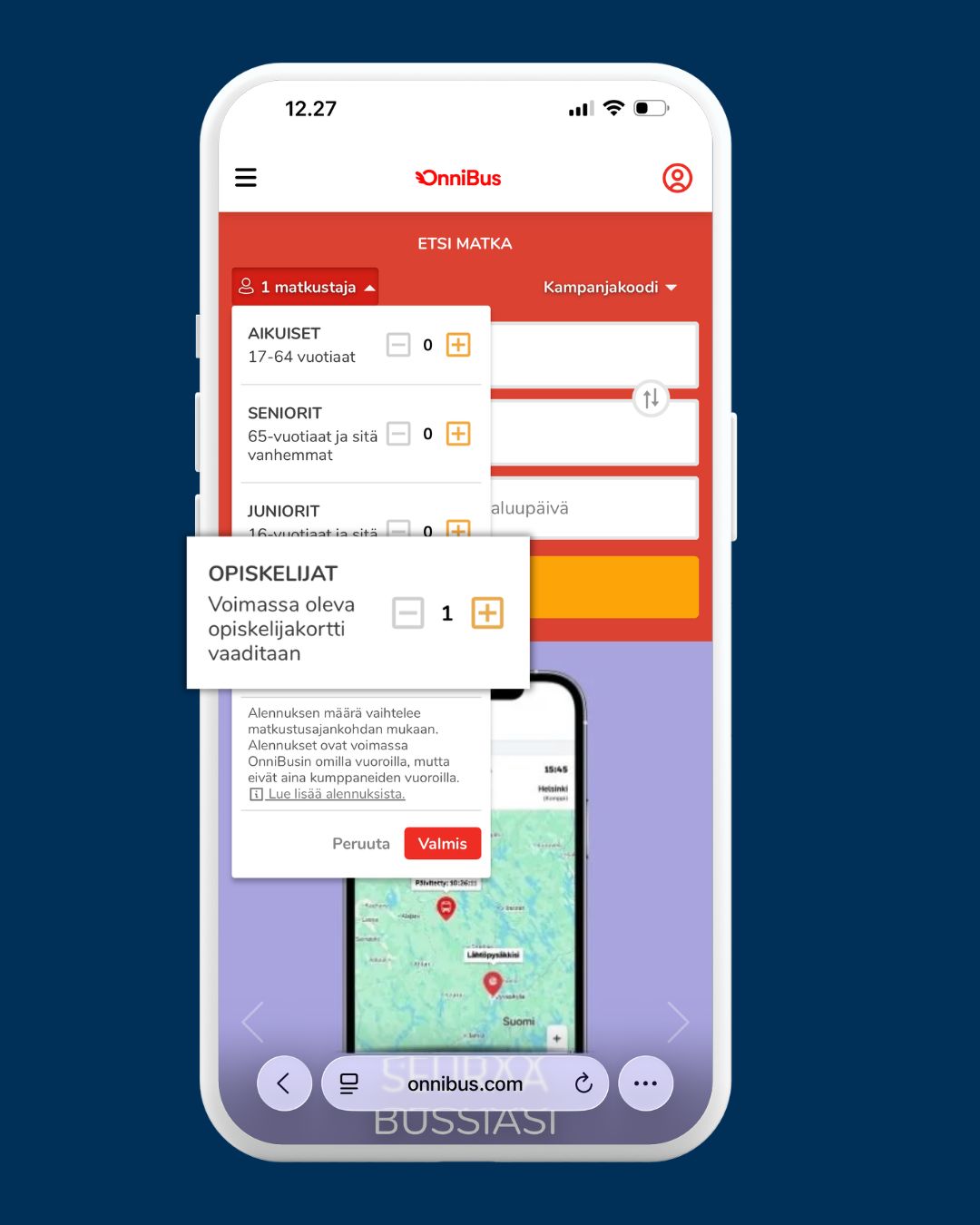 Opiskelija-matkustajatyypin valinta OnniBussin matkahaussa